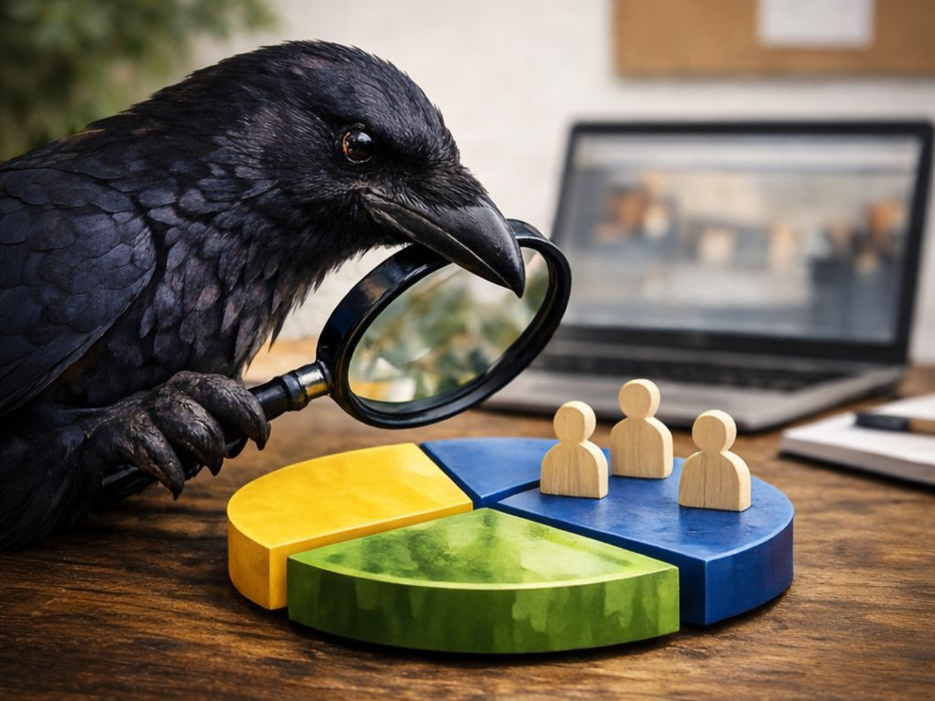 A raven holds a magnifying glass over a blue, green, and yellow pie chart topped with three wooden human-shaped figures.
