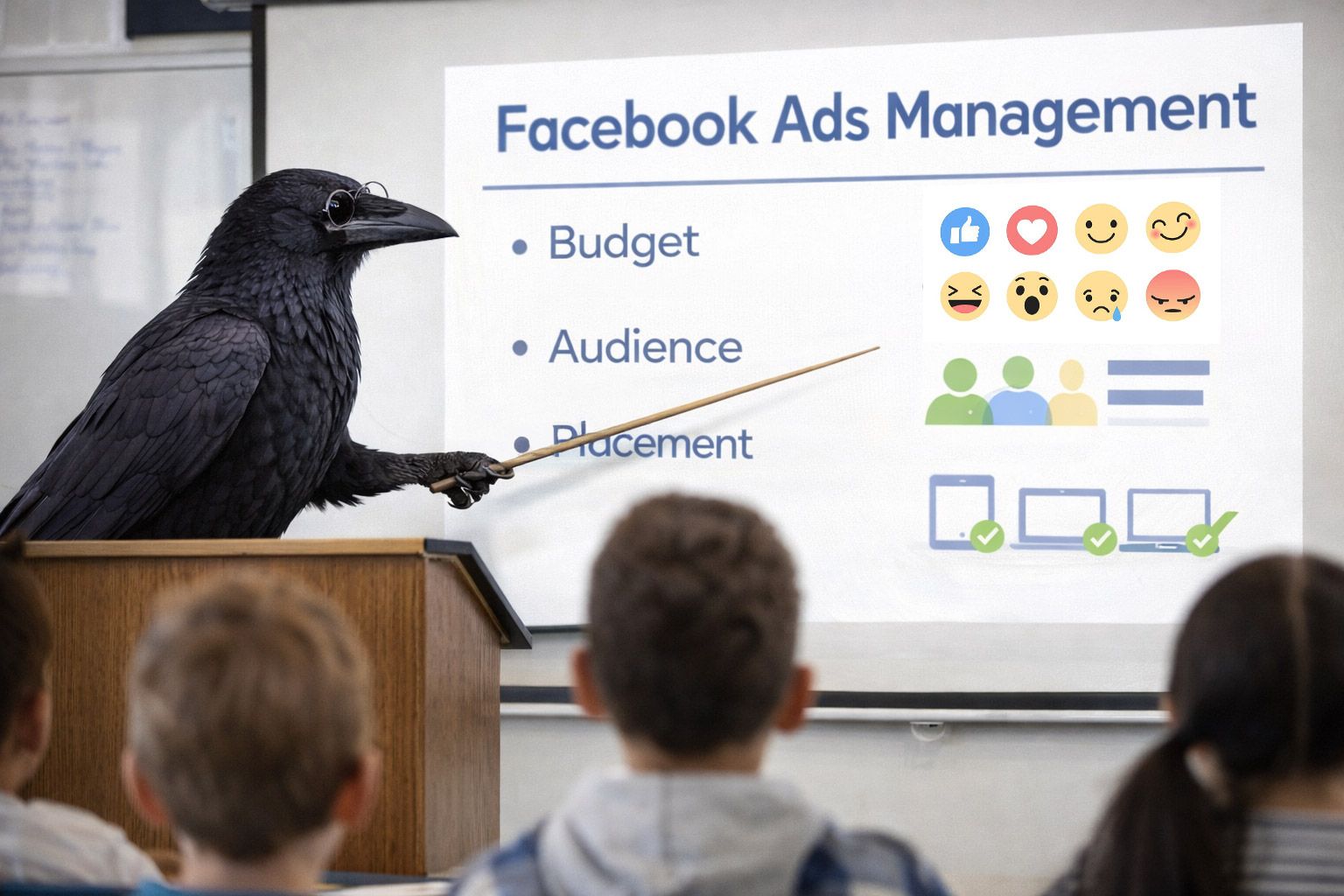A raven stands at a podium teaching a class about Facebook Ads Management, pointing to a slide with icons.