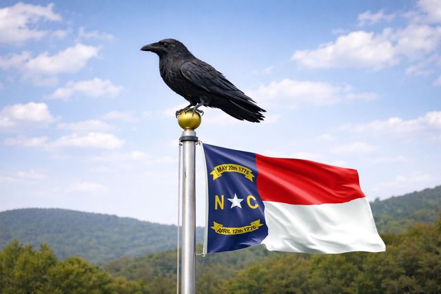 A black raven perched atop a flagpole flying the North Carolina state flag against a mountain backdrop.