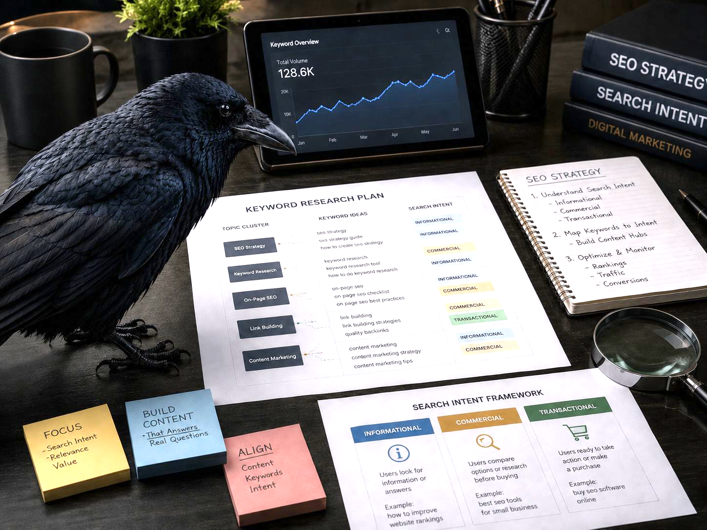 Desk with a black raven beside laptop, papers, sticky notes, notebook, and SEO charts for work planning