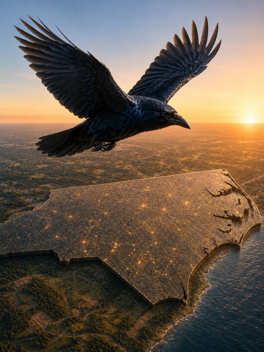 Black bird soaring over a golden sunset above a map of North Carolina.