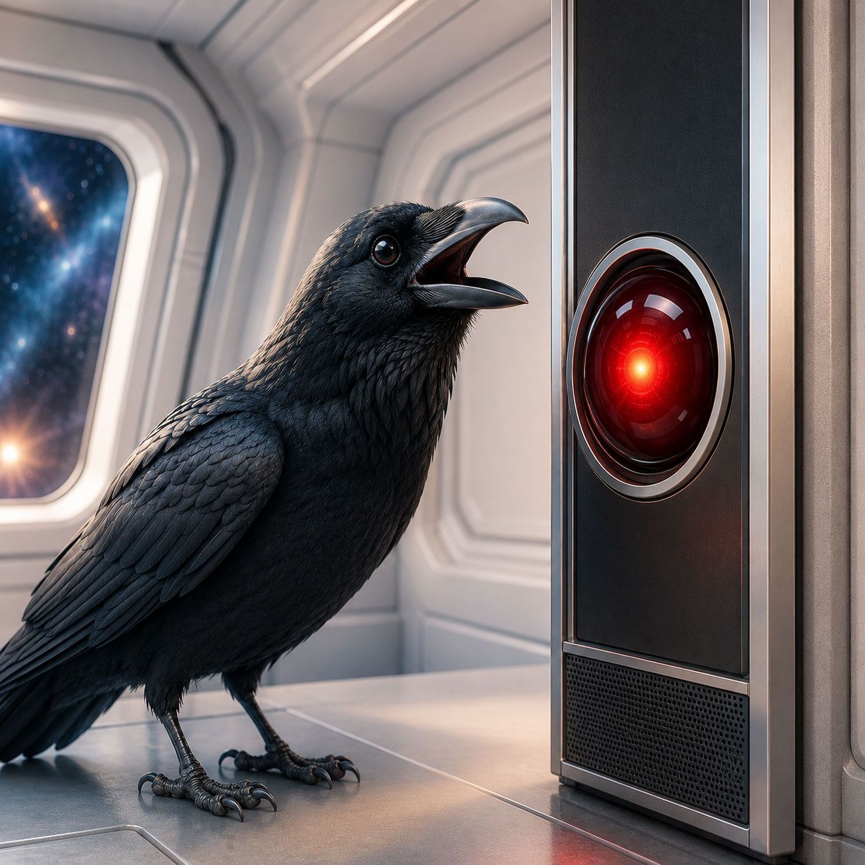 Black raven on a futuristic floor facing a glowing red circular sensor in a sci-fi room