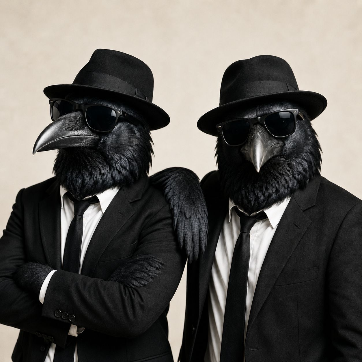 Two raven-headed figures in black suits, hats, and sunglasses standing with crossed arms