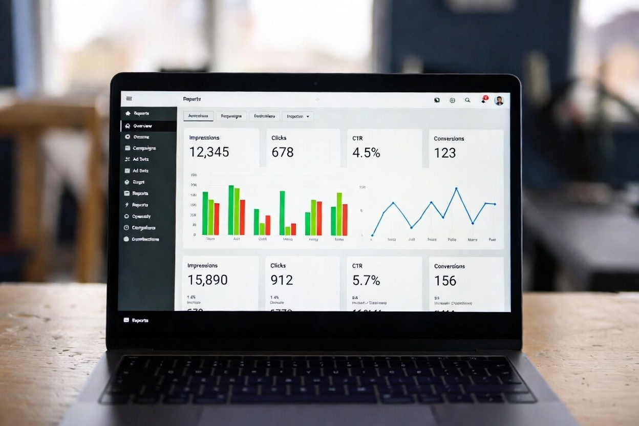 Laptop displaying a digital advertising analytics dashboard with charts and performance metrics on a wooden table in a blurred office setting.