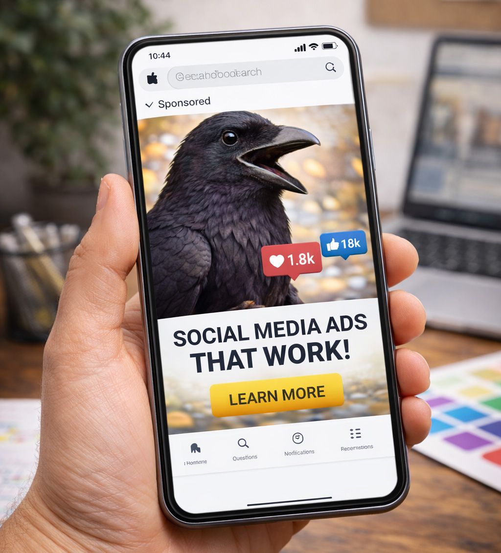 A hand holds a smartphone displaying a social media advertisement featuring a raven and the text