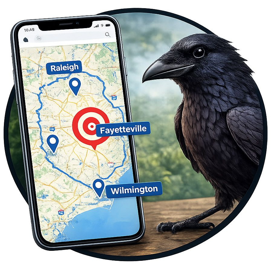 A smartphone screen shows a map of North Carolina with pins on Raleigh, Fayetteville, and Wilmington, next to a black raven.