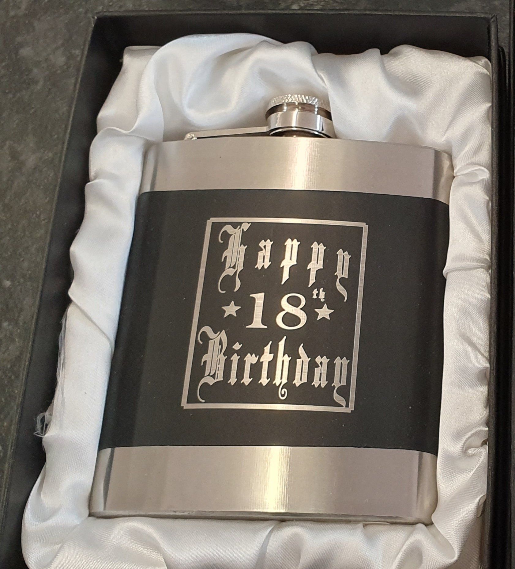Stainless Steel Flask with Happy 18th Birthday Engraved on Black Section — Cqr Locksmiths in Moree, Nsw