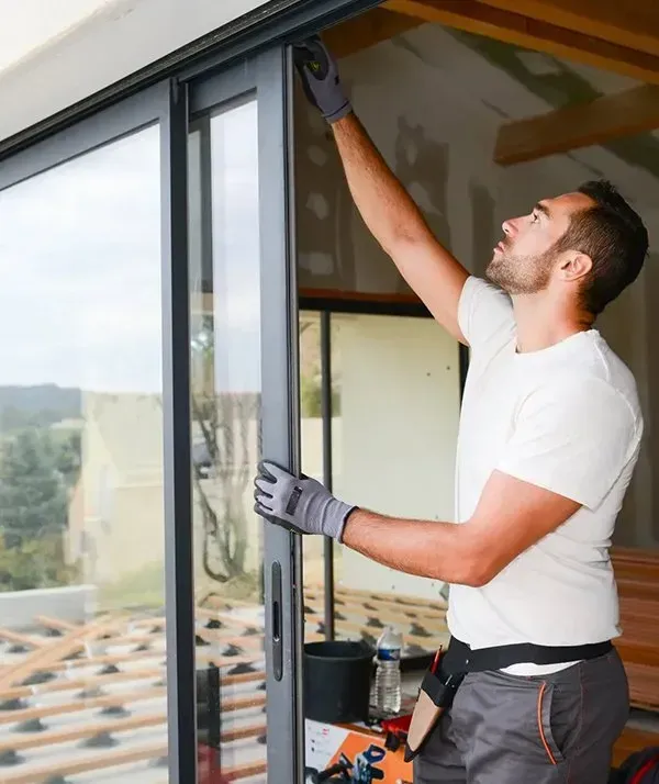 Man Installing A Sliding Glass Door, Reaching Upwards — CQR Locksmiths In Moree, NSW