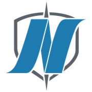 Blue stylized letter N over a gray shield-like emblem with a compass shape