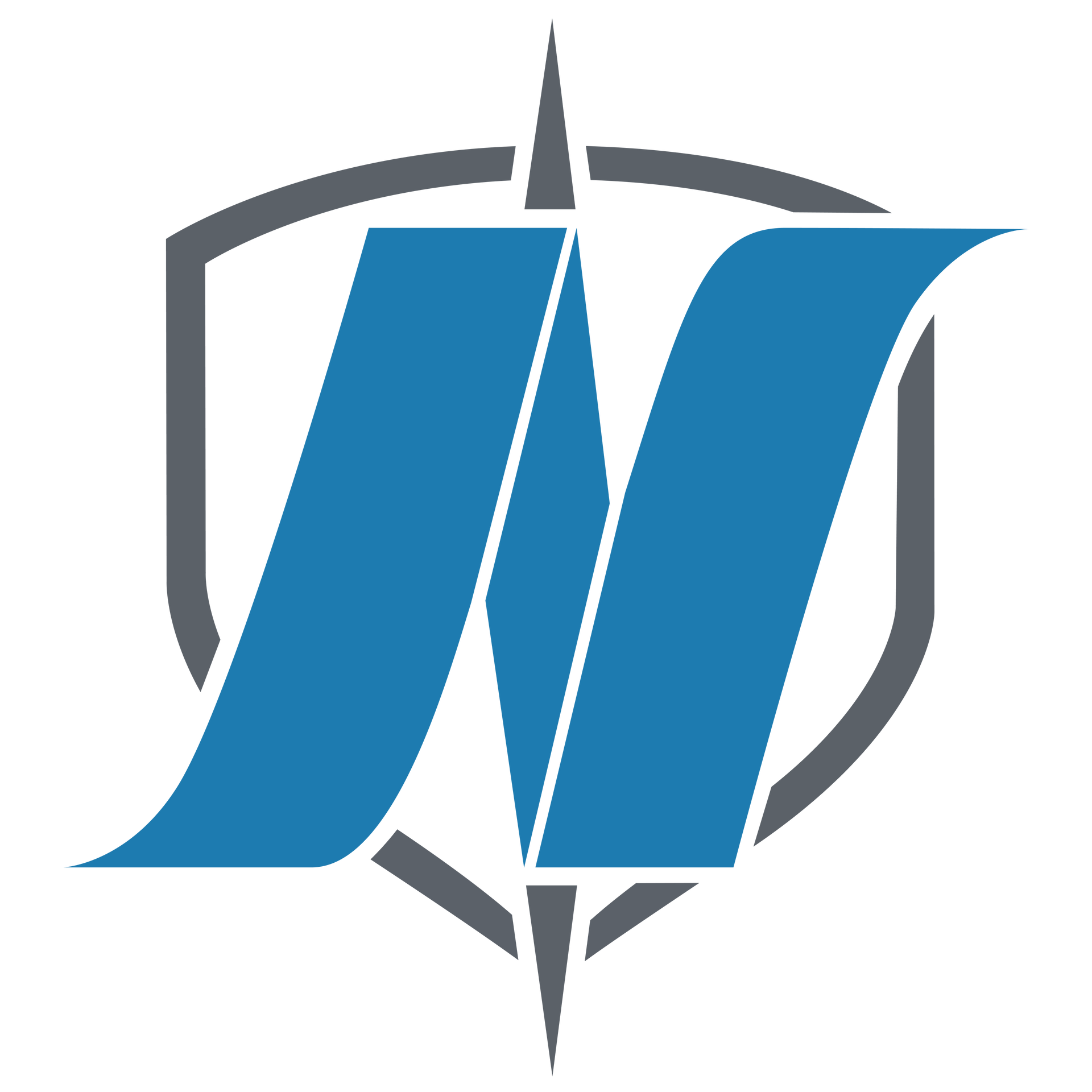 Blue stylized letter N over a gray shield-like emblem with a compass shape