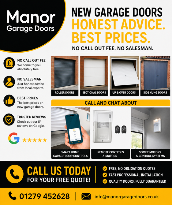 Manor Garage Doors Honest Prices advert showing all types of garage doors 