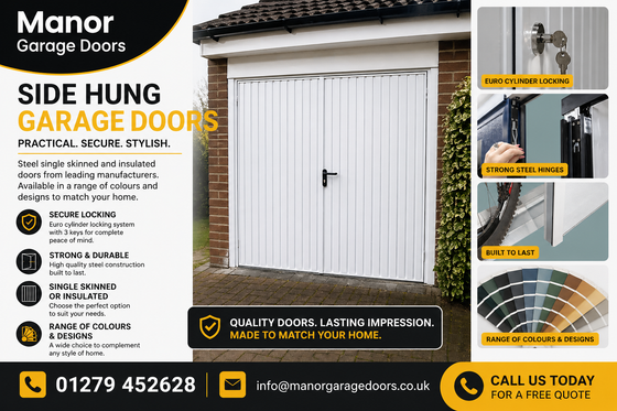Imiage of side hung garage doors in whte fitted in Harlow  