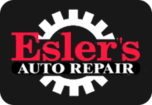 Esler's Auto Repair logo with red text on a black background, a white gear and a black rectangle.