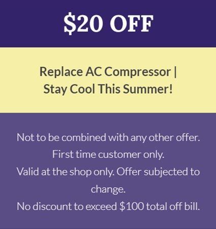 A sign that says $ 20 off replace ac compressor stay cool this summer