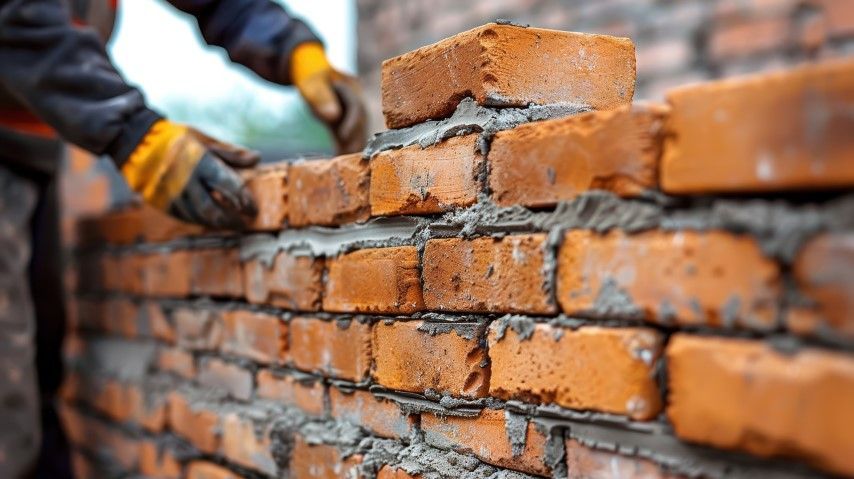 Close-up of bricklaying with gloved hands smoothing mortar on a wall.