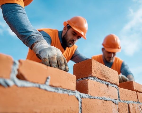 Construction workers in orange hard hats laying brick wall against blue sky