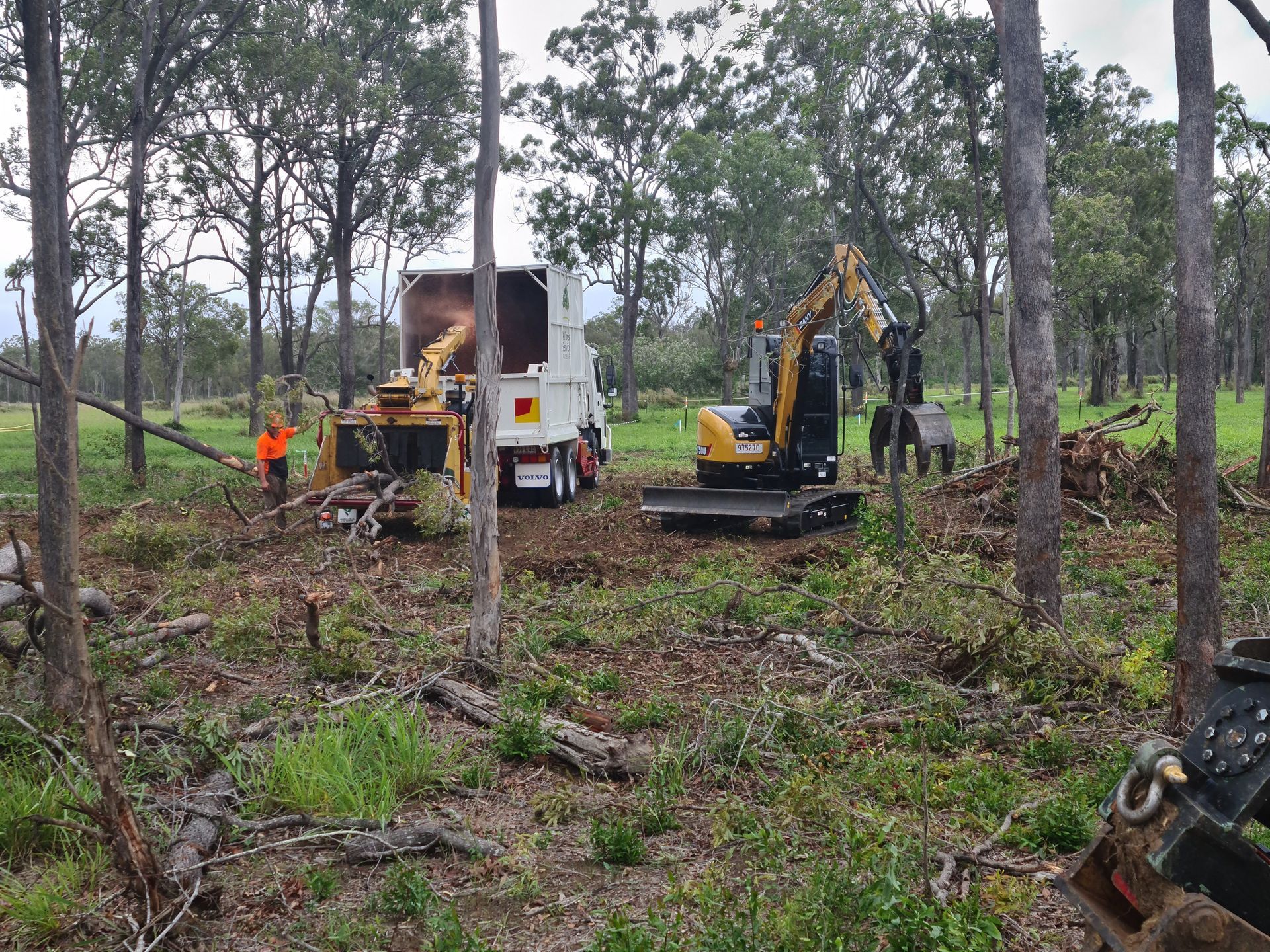 A Man on a Crane is Cutting a Tree in Front of a House — A1 Tree Service in Childers, QLD