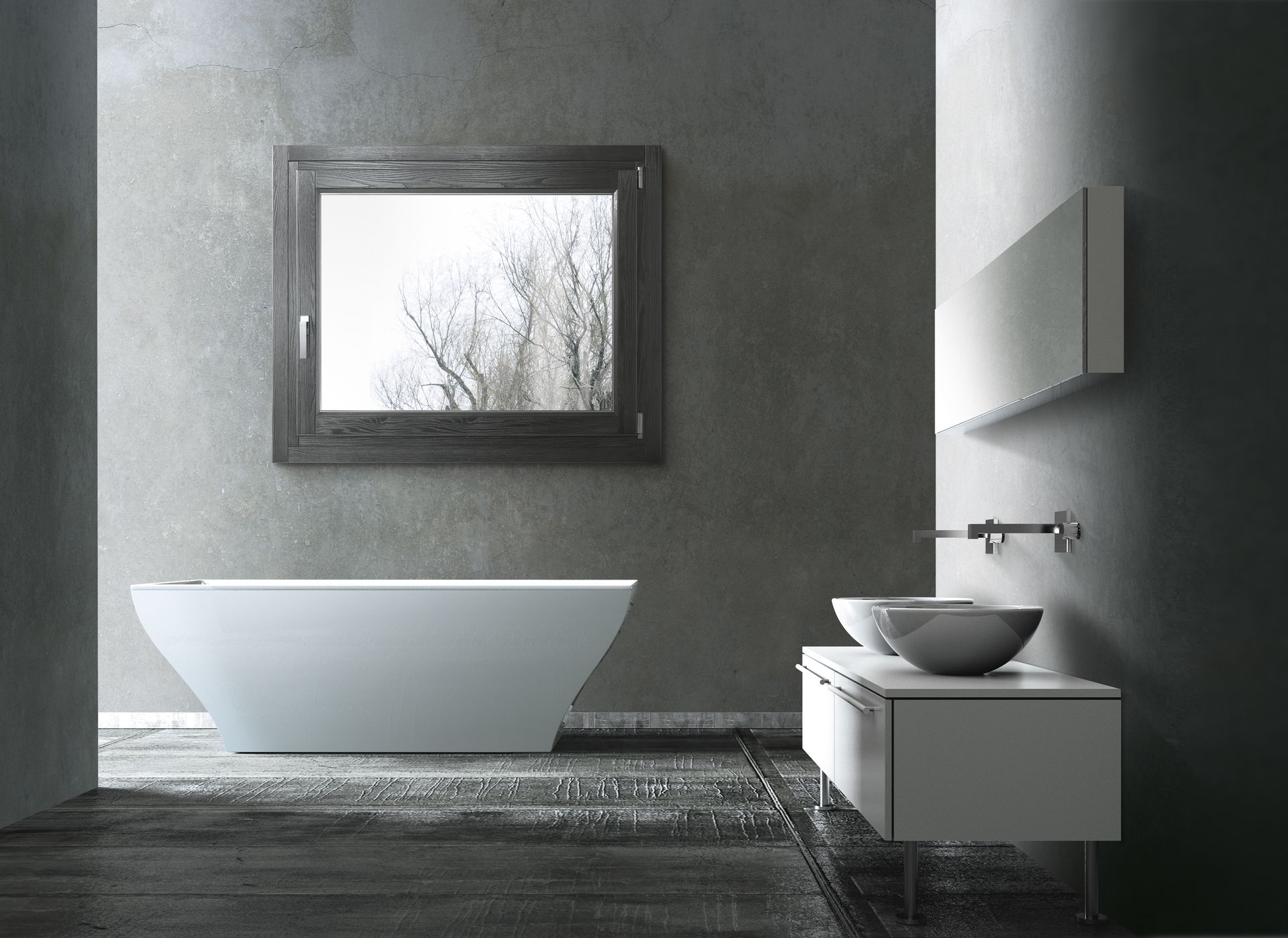 Serramenti in legno con venature grigio scuro in un bagno dallo stile moderno