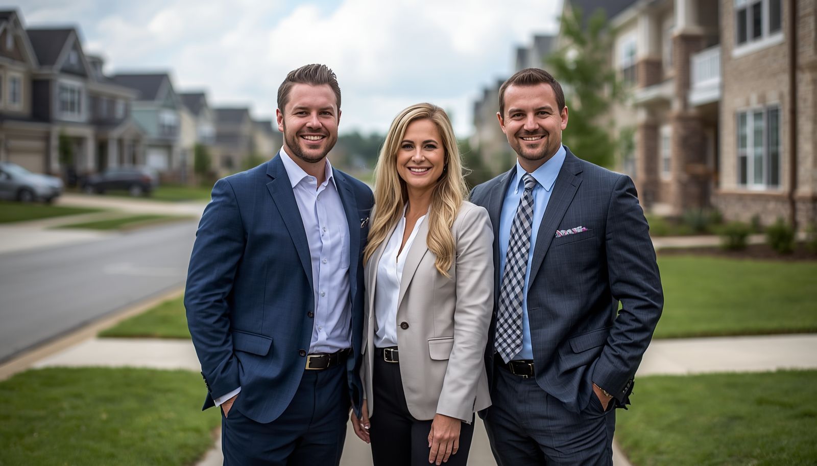 Rochester, NY real estate agents standing in a residential neighborhood.
