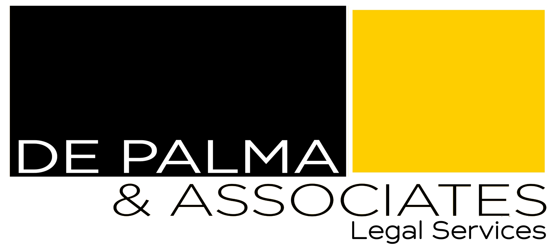 A black and yellow logo for de palma & associates legal services