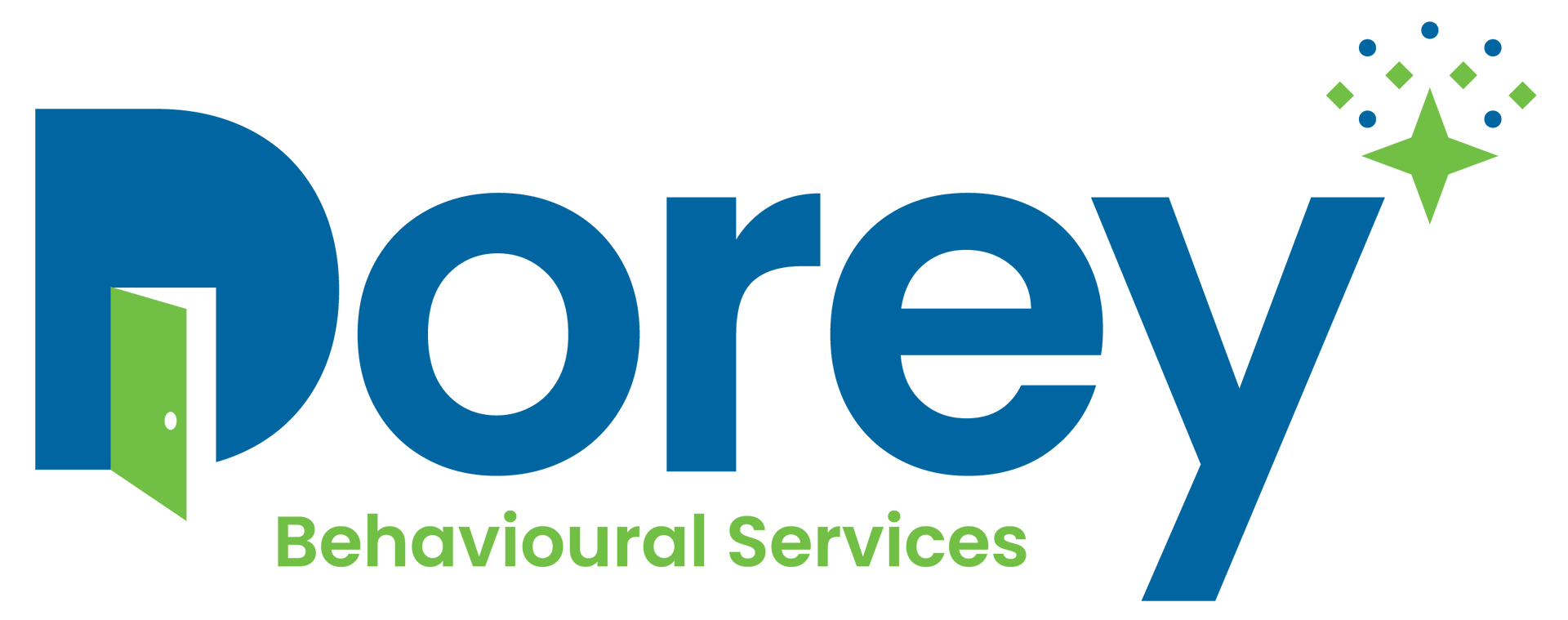 Dorey Behavioural Services logo in blue and green with stylized sparkles