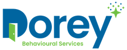 Dorey Behavioural Services logo in blue and green with stylized sparkles
