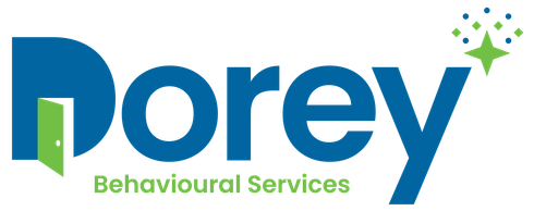 Dorey Behavioural Services logo in blue and green with stylized sparkles