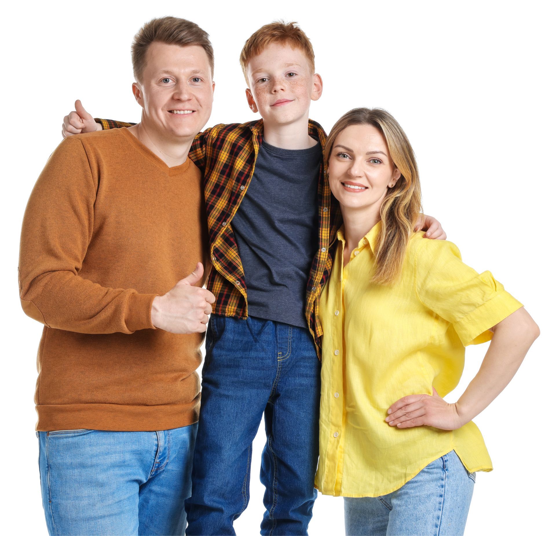 Three people posing together against a white background, smiling in casual clothes.