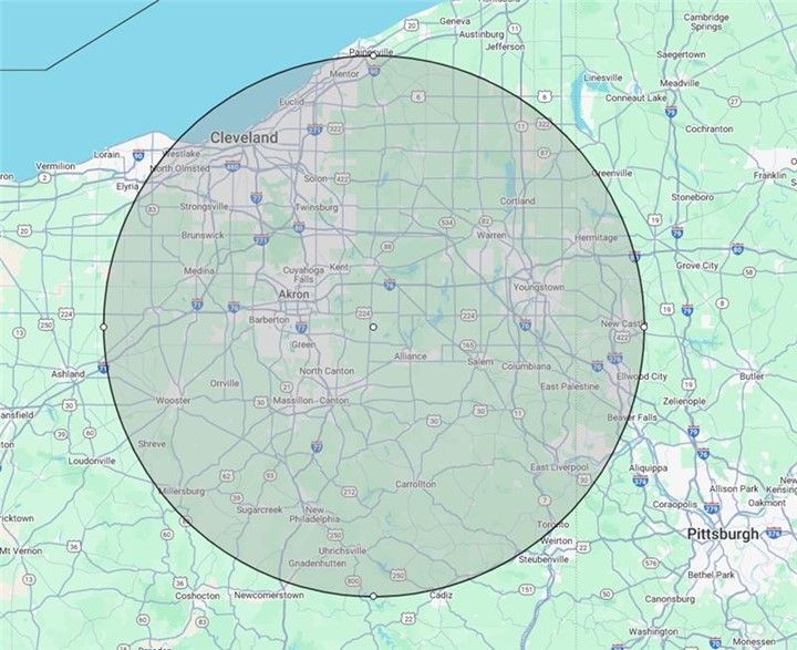 A map of cleveland ohio with a circle around it