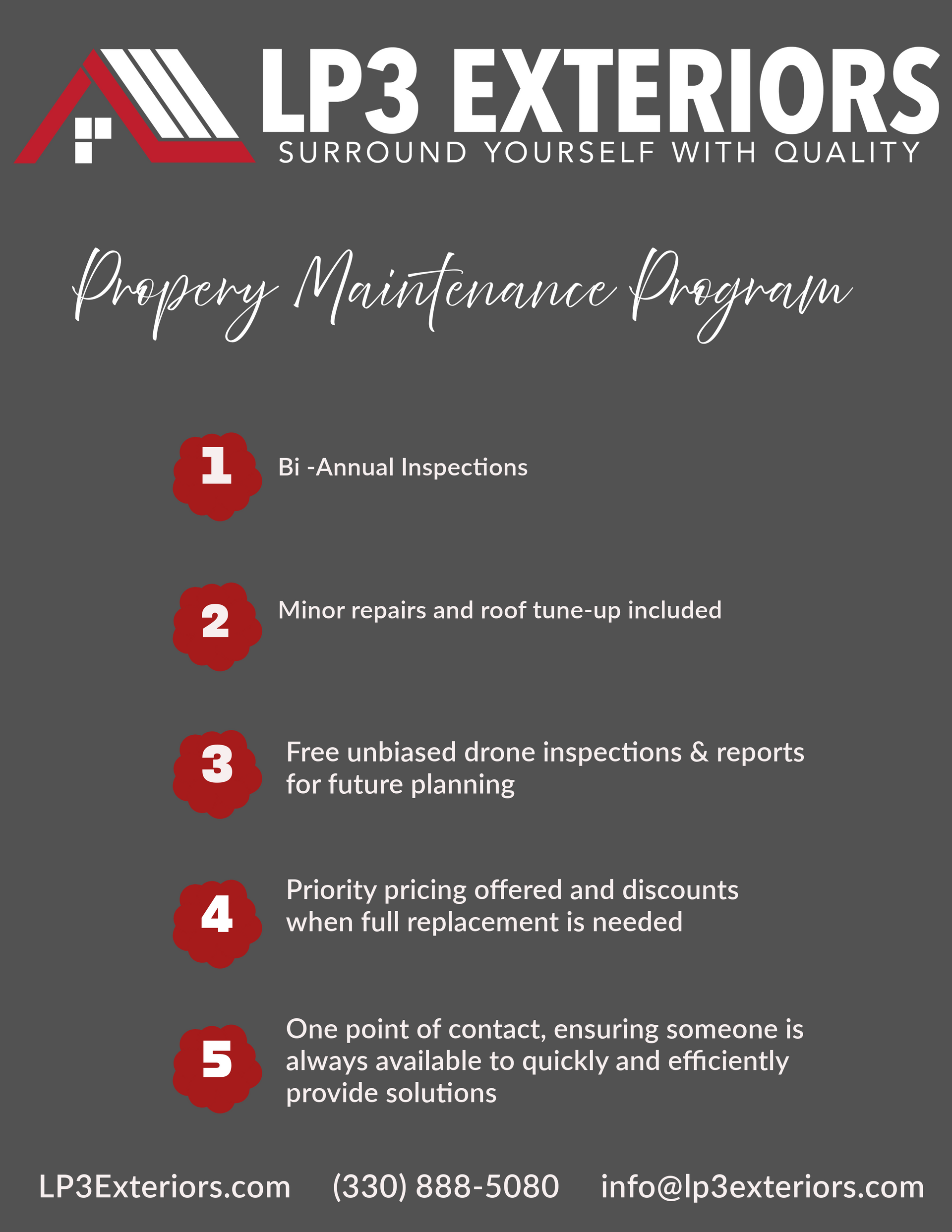 A poster for lp3 exteriors shows a property maintenance program.