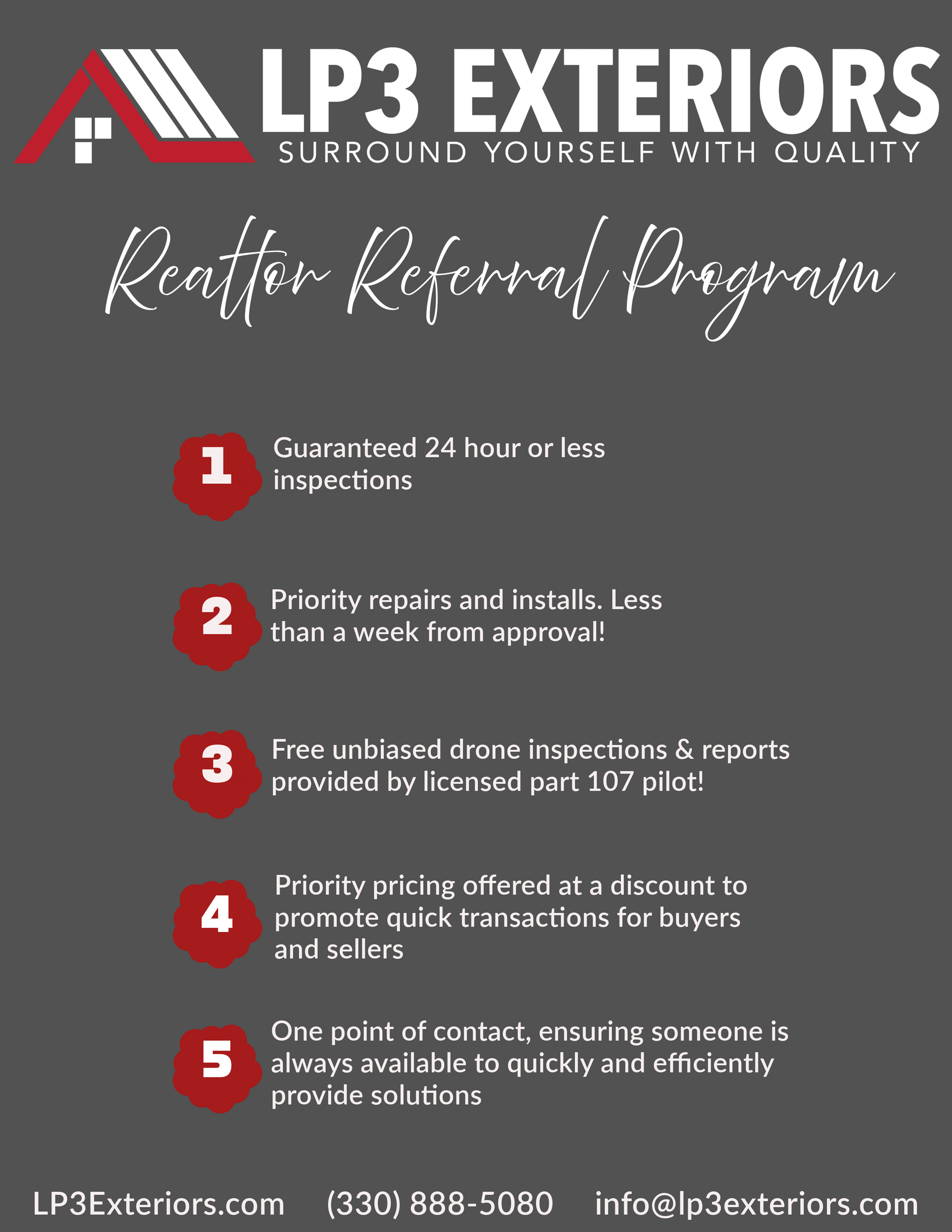 A poster for lp3 exteriors shows the benefits of their referral program