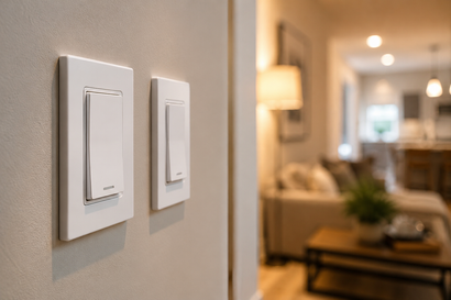 Two white light switches on a wall with a blurred living room in the background
