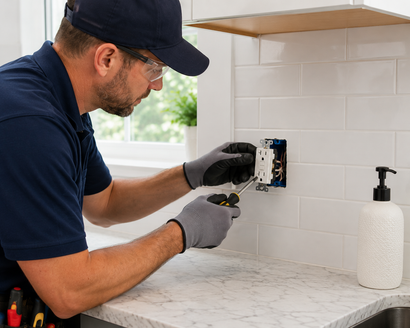 Electrician wiring a wall outlet in a white kitchen, wearing gloves and a cap.