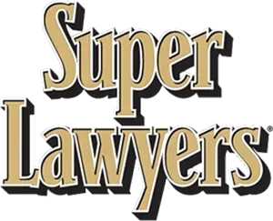 "Super Lawyers" logo in gold letters with black shadowing.