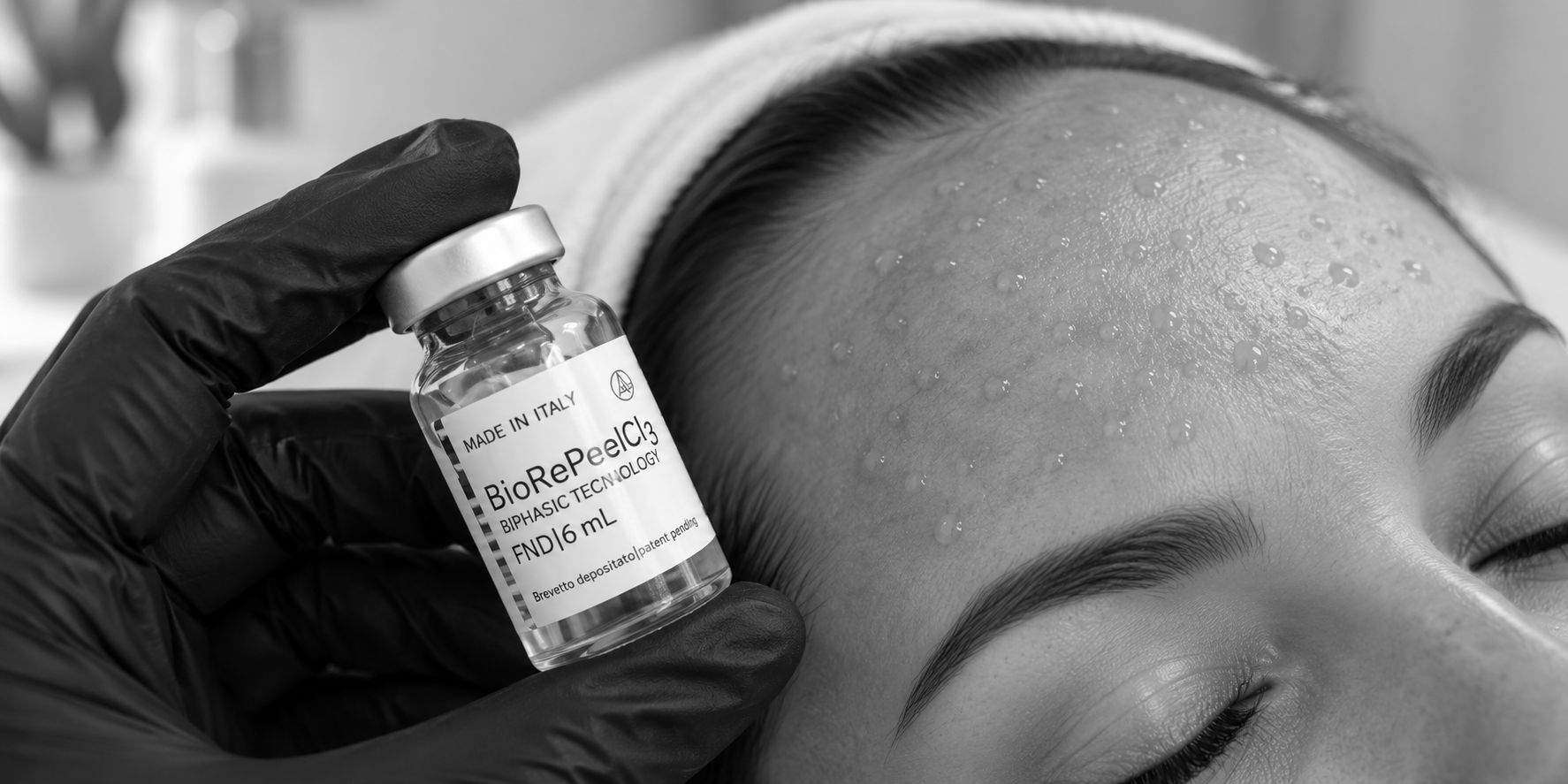 Gloved hand holding a small BioRePeel vial beside a relaxed face lying down