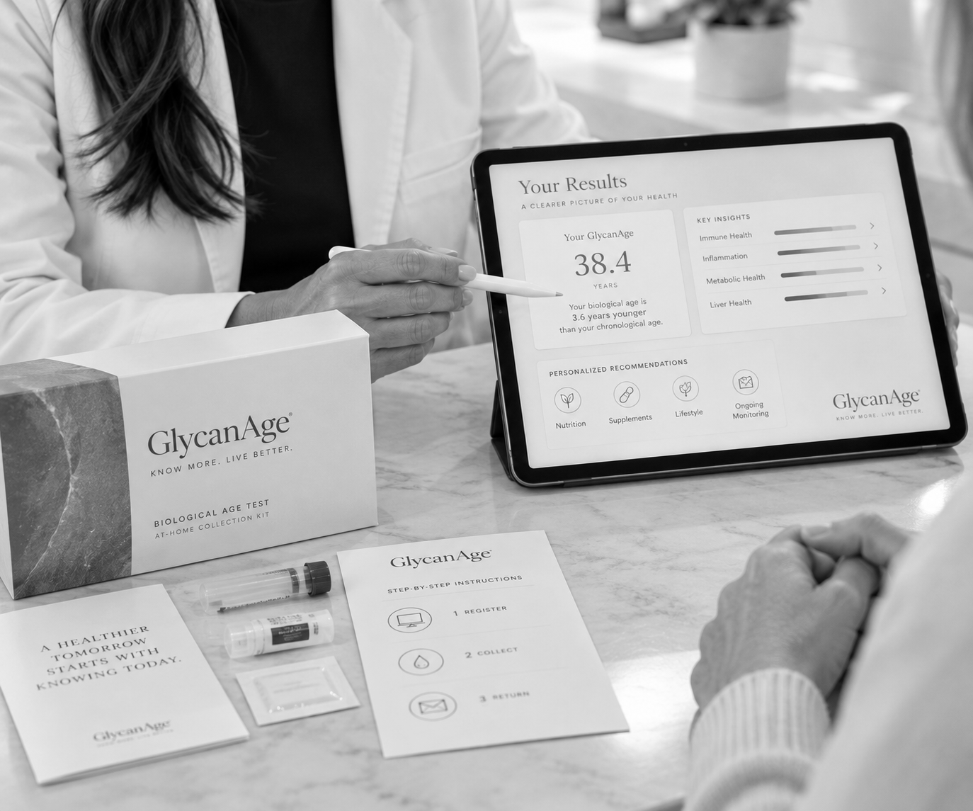 Person reviewing GlycanAge results on a tablet.