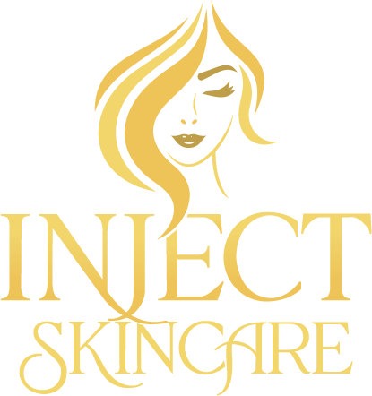 Gold logo of a stylized face above the words “INJECT SKINCARE”