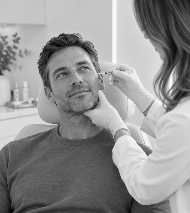 A clinician examines a seated patient’s face in a medical office.
