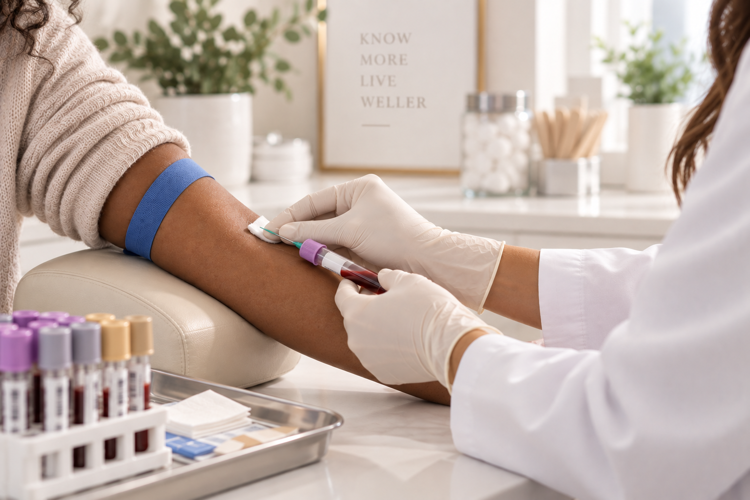 Gloved clinician drawing blood from a patient’s arm with tubes on a tray in a bright clinic