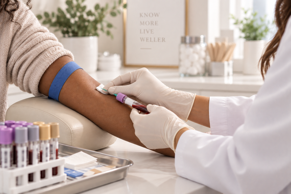 Gloved clinician drawing blood from a patient’s arm with tubes on a tray in a bright clinic
