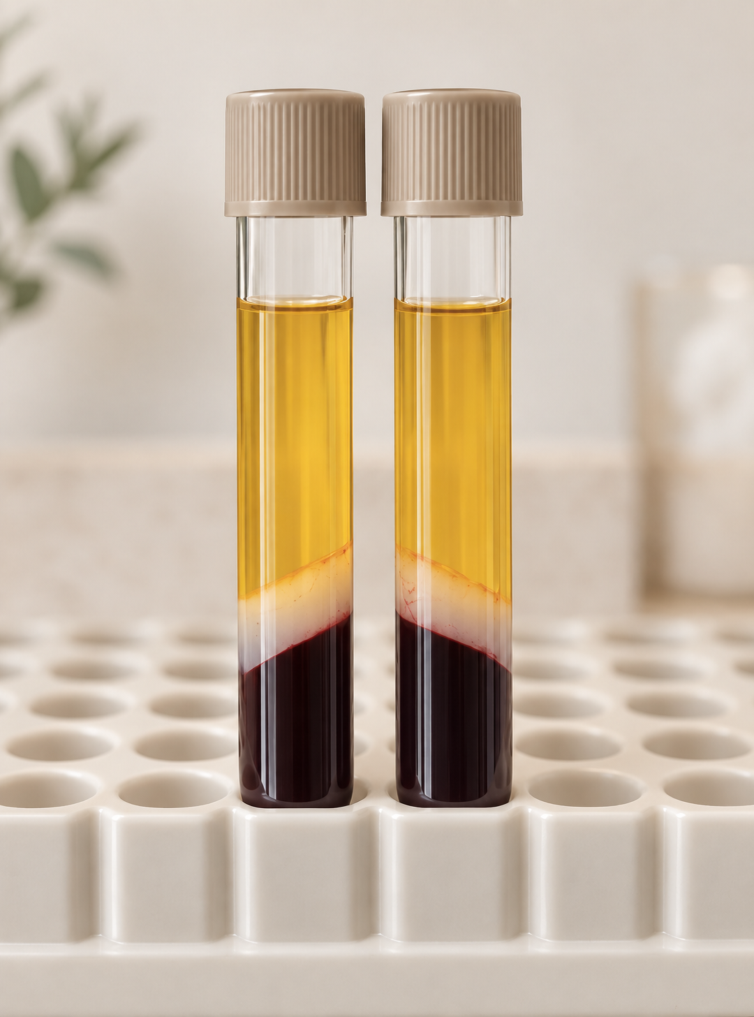 Two capped test tubes with layered yellow and dark liquid in a white rack