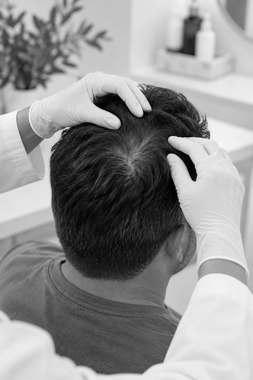 Gloved hands examining the top of a person’s short dark hair in a clinic setting
