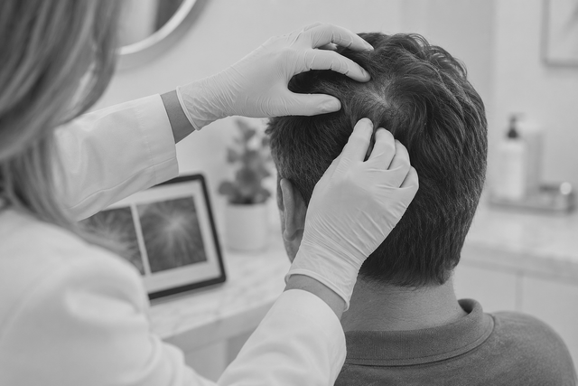 Gloved clinician examining a patient’s scalp in a medical office
