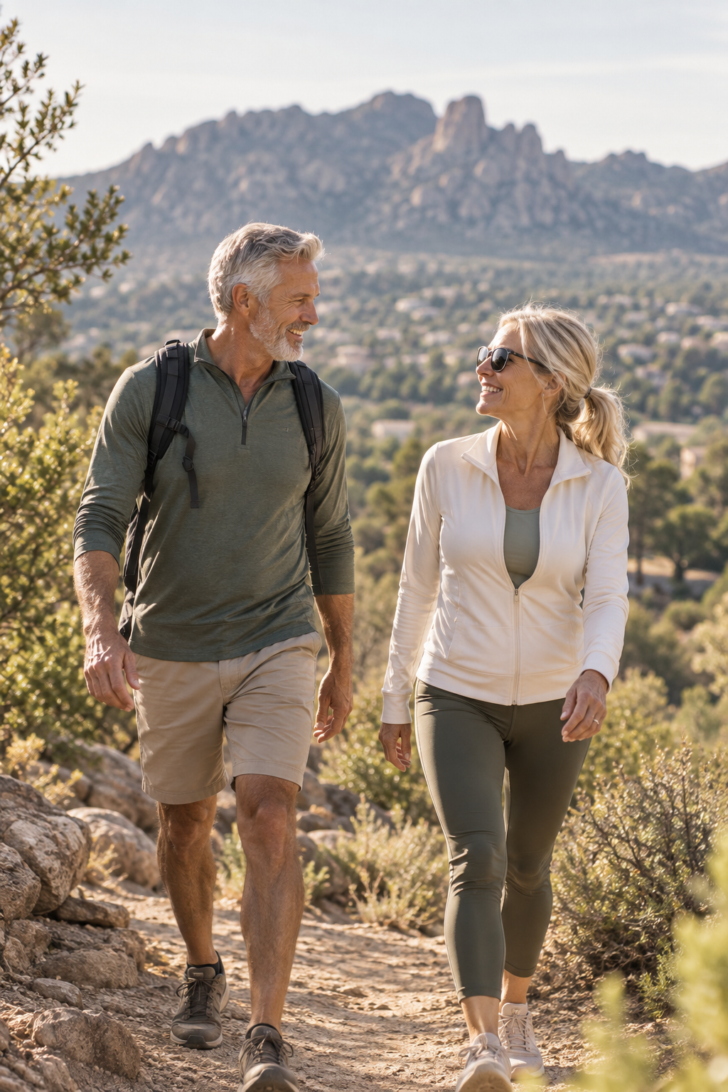 Two older hikers walking on a desert trail with rocky mountains in the background