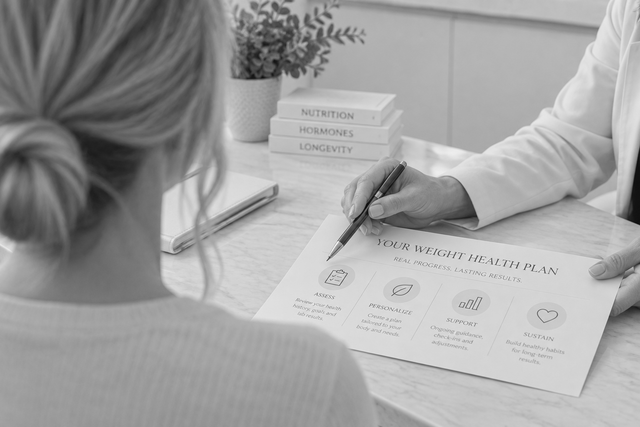 Nurse practitioner pointing to a worksheet during a medical weight loss consultation.