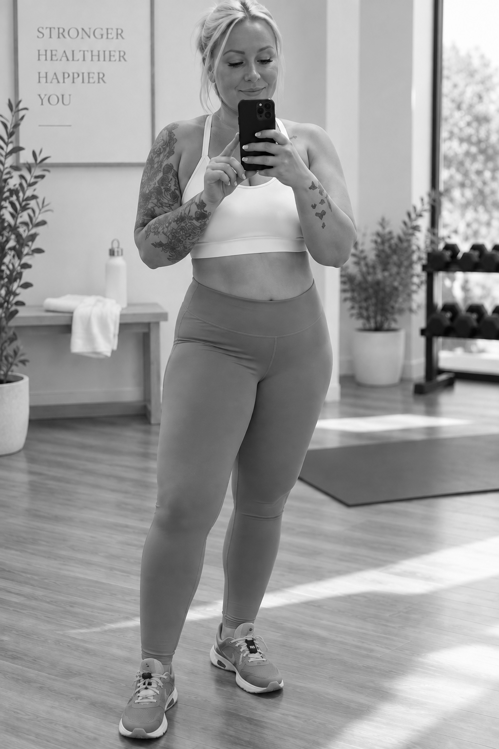 Woman taking a mirror selfie in a gym wearing workout clothes and sneakers.