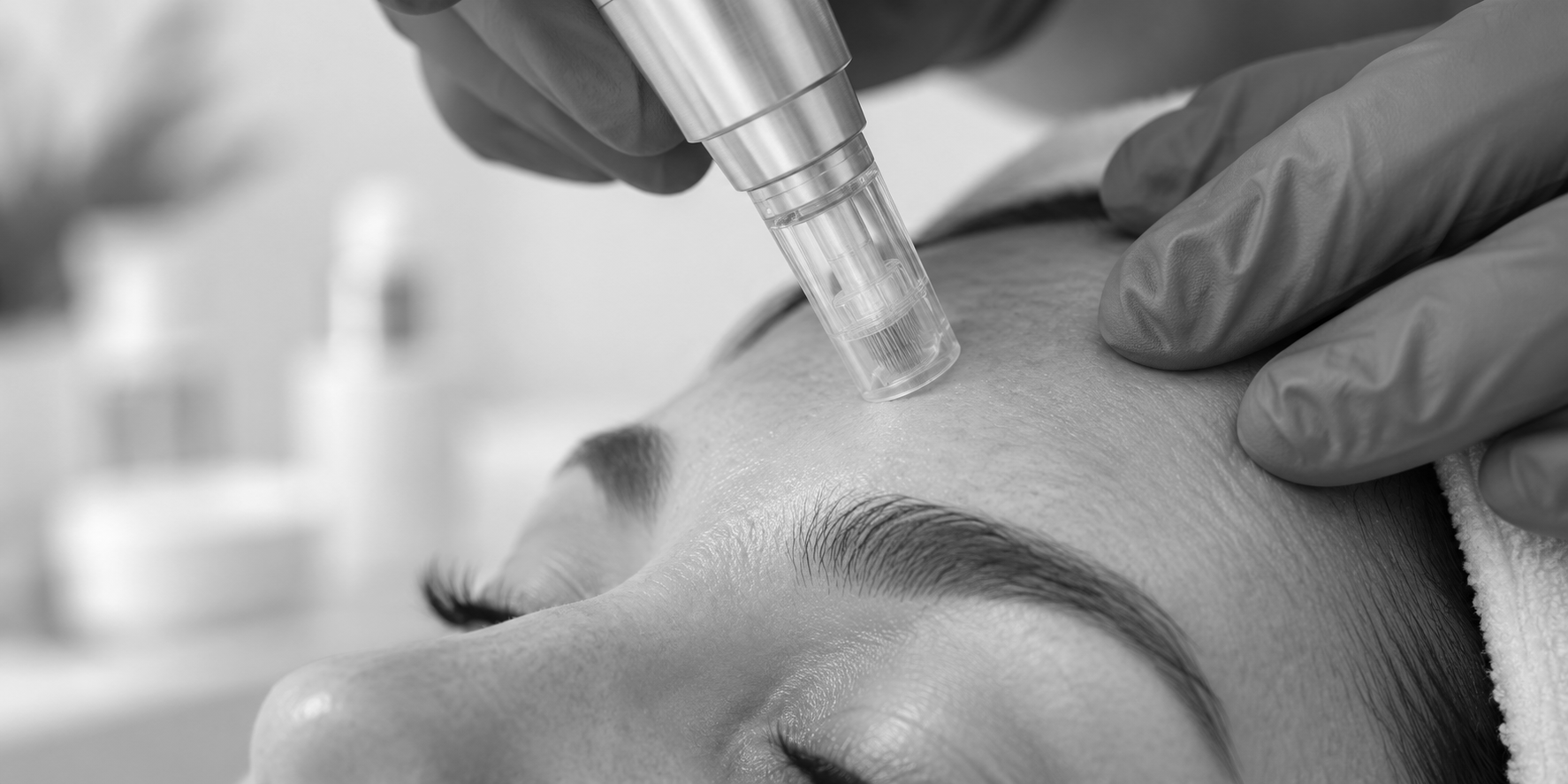 Microneedling near a woman’s eyebrow during a brow treatment in a spa setting