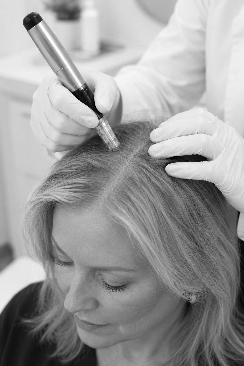 Scalp microneedling hair treatment being applied with a tool to a seated client in a salon.