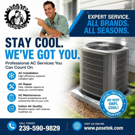 Advertisement for PoseTek AC and appliance services in Fort Myers, FL.