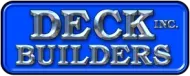 Logo for Deck Builders, Inc. in silver text on a blue rounded rectangle.